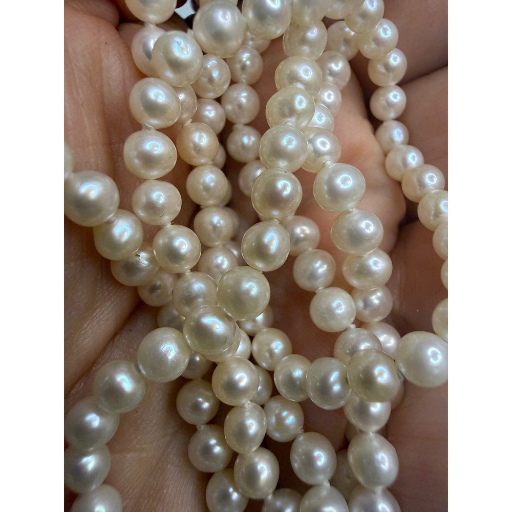 Vintage Genuine Cultured Pearl Strand Necklace Hand Knotted Cream White 32 Inch